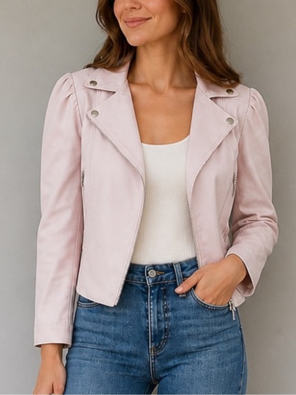 MELISSA NEPTON Pink Moto Jacket Faux Leather Body Cotton Sleeve Cropped XS